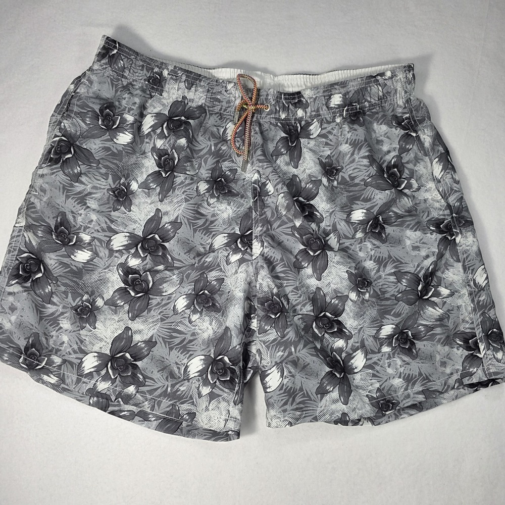 Bugatchi Mens XXL 40 Swim Trunks Orchid Floral Hawaiian Black And White
